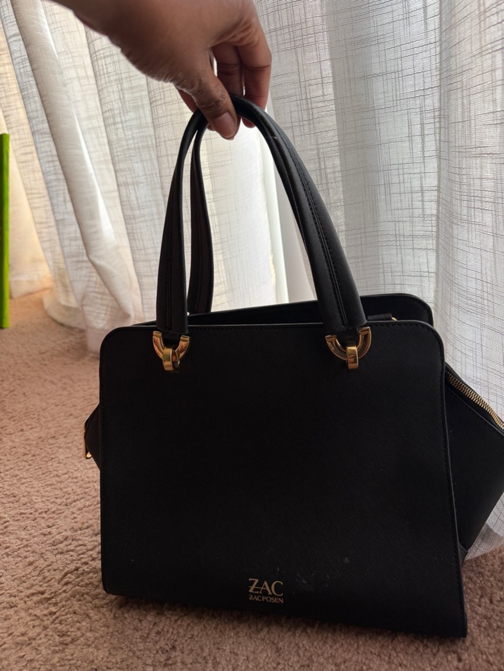 ZAC Zac Posen Black Structured Satchel with Gold Hardware
